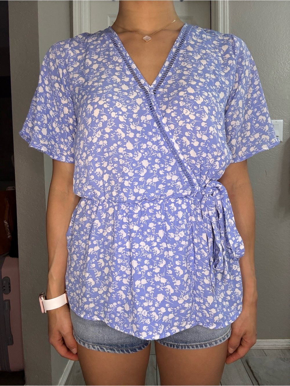 Light Blue Floral Wrap Short-Sleeve Top
